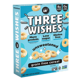 Three Wishes grain free cereal box with blue background and cereal loops on a white background