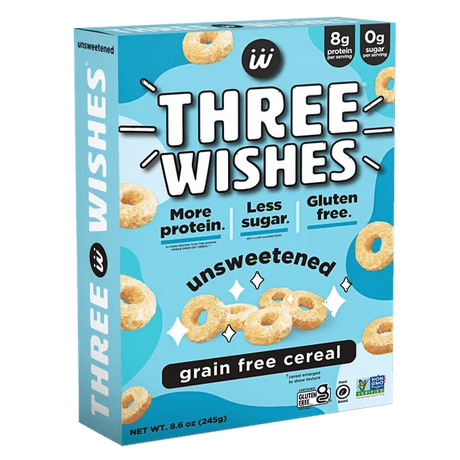 Three Wishes grain free cereal box with blue background and cereal loops on a white background