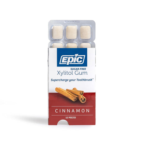 Pack of Epic cinnamon xylitol gum on a white background