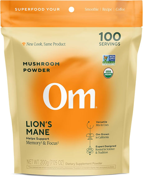 Package of Om Lion's Mane mushroom powder on a white background