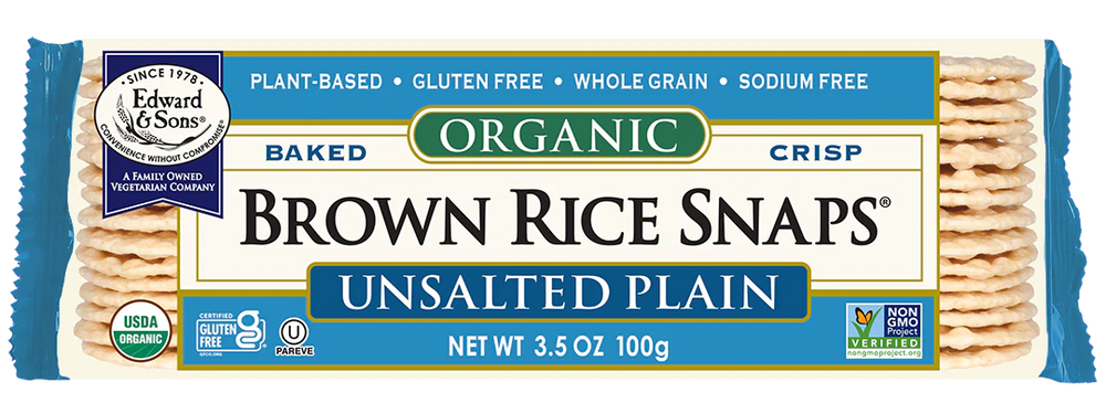 Packaged Edward and Sons Unsalted Brown Rice Snaps, 3.5 Oz.  with label on a white background