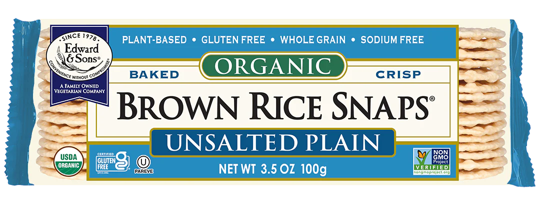 Packaged Edward and Sons Unsalted Brown Rice Snaps, 3.5 Oz.  with label on a white background