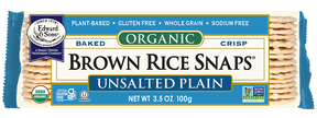 Packaged Edward and Sons Unsalted Brown Rice Snaps, 3.5 Oz.  with label on a white background