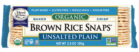 Packaged Edward and Sons Unsalted Brown Rice Snaps, 3.5 Oz.  with label on a white background