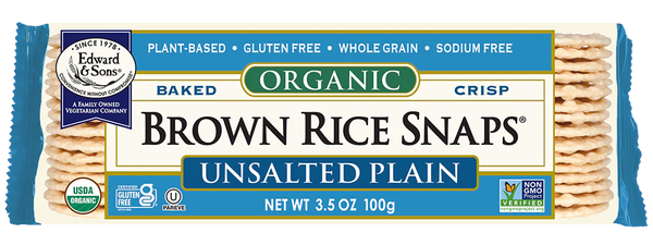 Packaged Edward and Sons Unsalted Brown Rice Snaps, 3.5 Oz.  with label on a white background