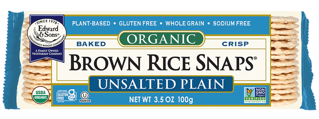 Packaged Edward and Sons Unsalted Brown Rice Snaps, 3.5 Oz.  with label on a white background