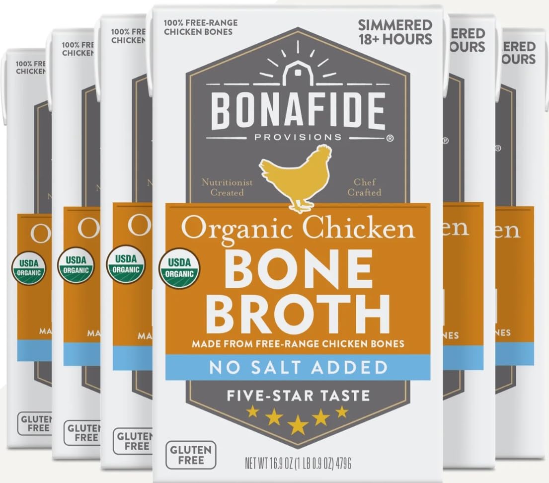 Six Packages of Bonafide Provisions Organic Chicken Bone Broth with branding and product details.