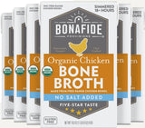 Six Packages of Bonafide Provisions Organic Chicken Bone Broth with branding and product details.