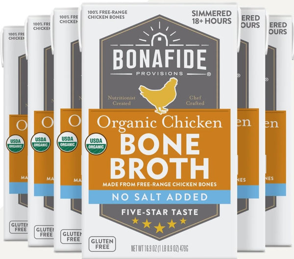 Six Packages of Bonafide Provisions Organic Chicken Bone Broth with branding and product details.