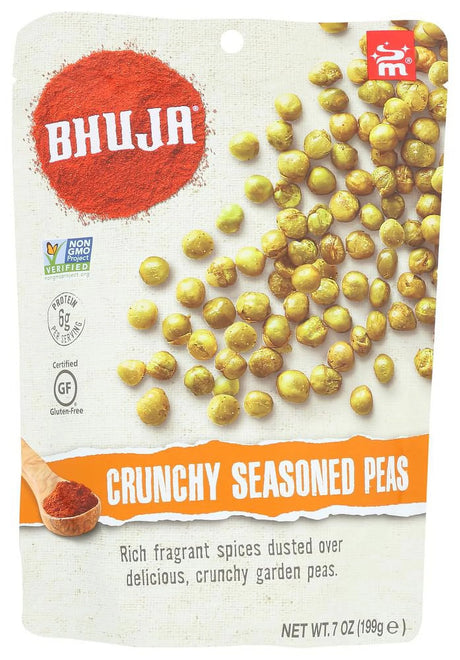 Packaging of Bhuja Crunchy Seasoned Peas with visible branding and product details.
