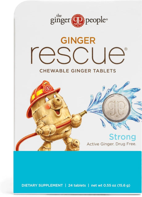 Packaging of Ginger Rescue chewable ginger tablets with a cartoon character holding a hose.
