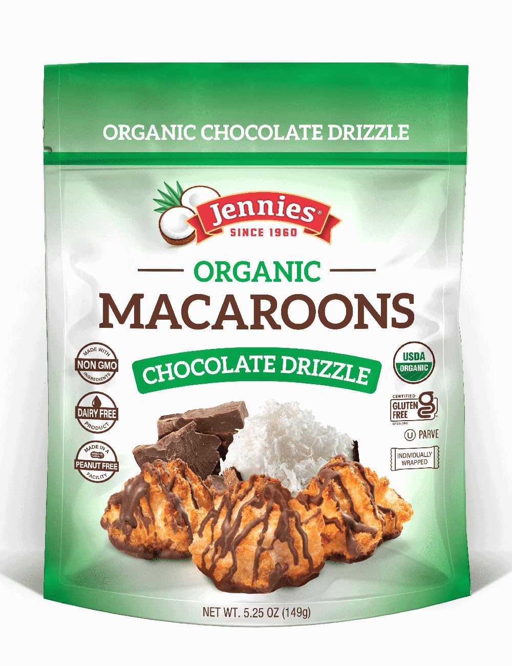 Packaging of Jennie's Organic Macaroons with chocolate drizzle on a white background