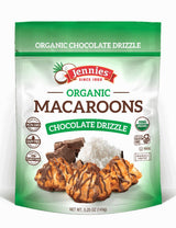 Packaging of Jennie's Organic Macaroons with chocolate drizzle on a white background