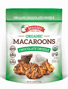 Packaging of Jennie's Organic Macaroons with chocolate drizzle on a white background