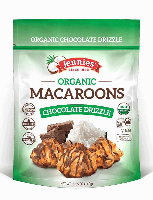 Packaging of Jennie's Organic Macaroons with chocolate drizzle on a white background