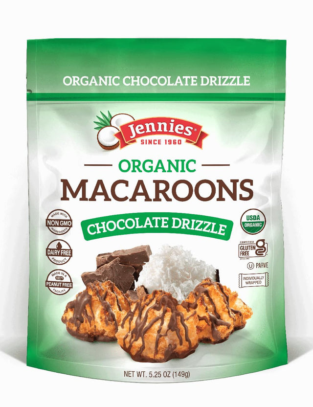 Packaging of Jennie's Organic Macaroons with chocolate drizzle on a white background