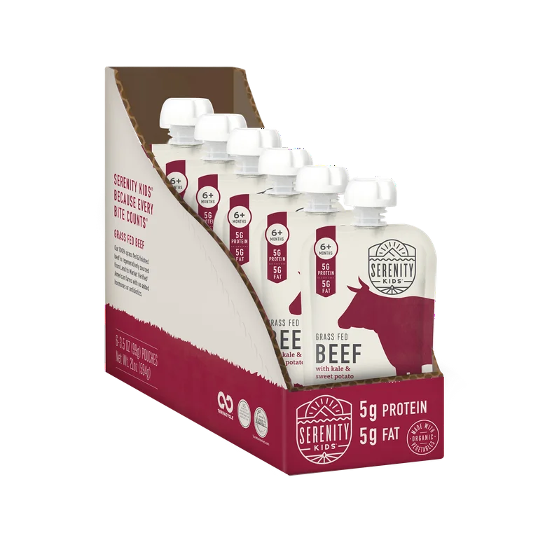 Packaging of Serenity Kids beef products with a red and white design.
