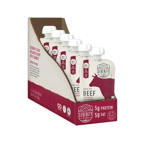 Packaging of Serenity Kids beef products with a red and white design.