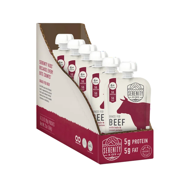 Packaging of Serenity Kids beef products with a red and white design.
