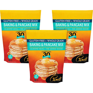 Three packages of Pamela's Gluten-Free + Whole Grain Baking & Pancake Mix on a white background