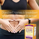 Person wearing a black tank top with hands forming a heart shape over stomach, next to a package of nature's secret gluten and dairy digestive aid.