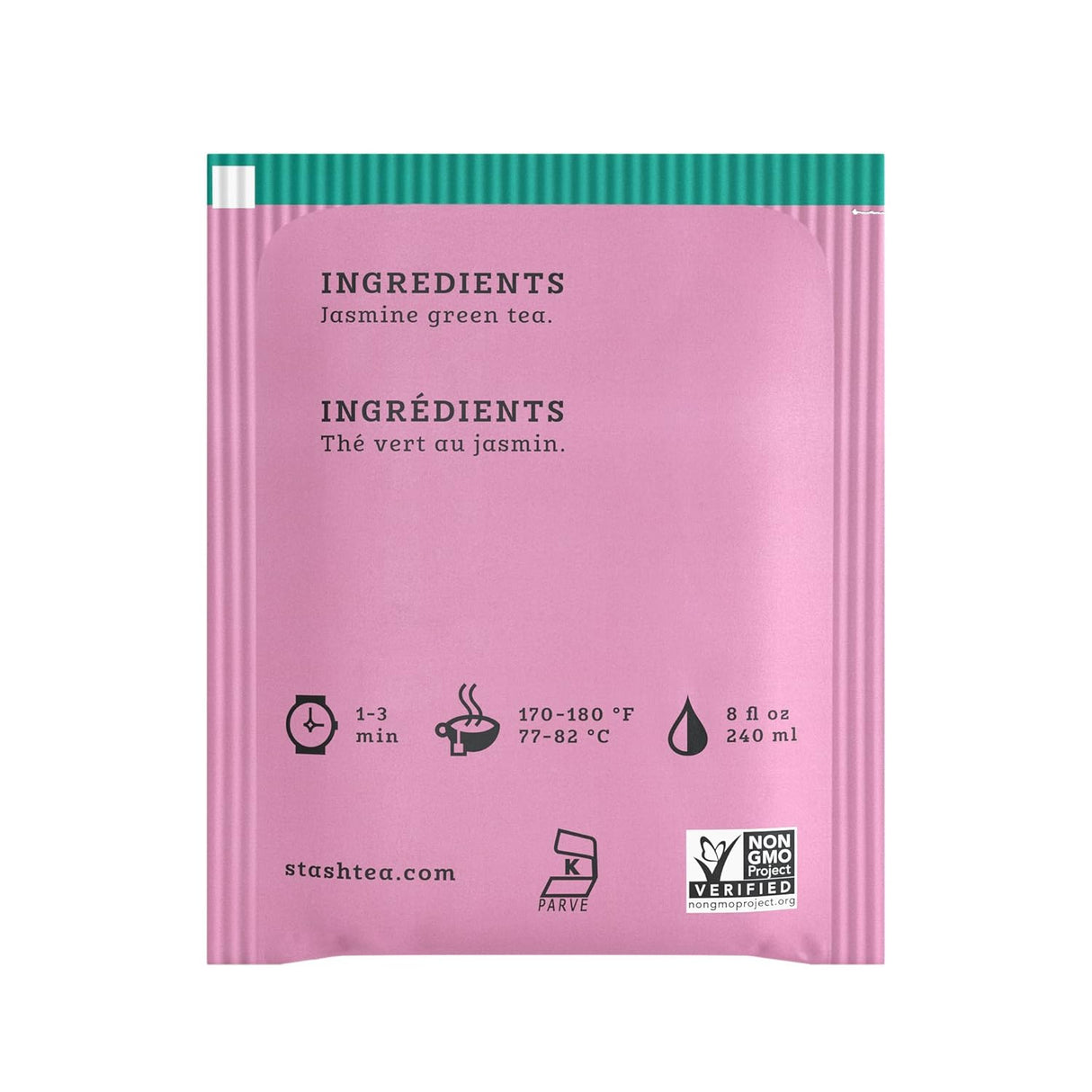 Pink stash tea bag packaging with green top on a white background