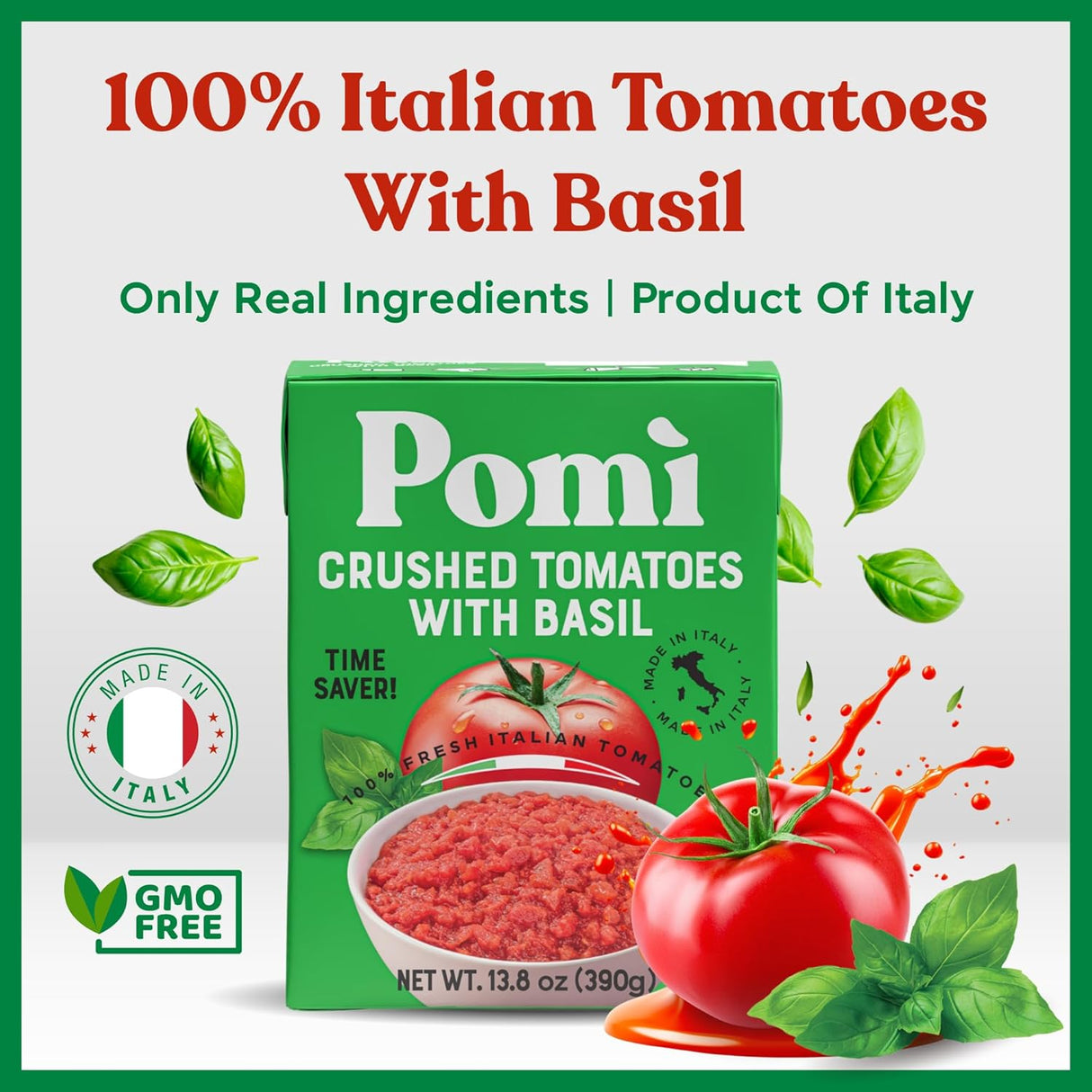Pomi crushed tomatoes with basil packaging on a white background
