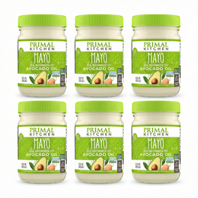 Six jars of Primal Kitchen Mayo with Avocado Oil on a white background