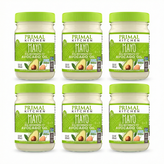 Six jars of Primal Kitchen Mayo with Avocado Oil on a white background