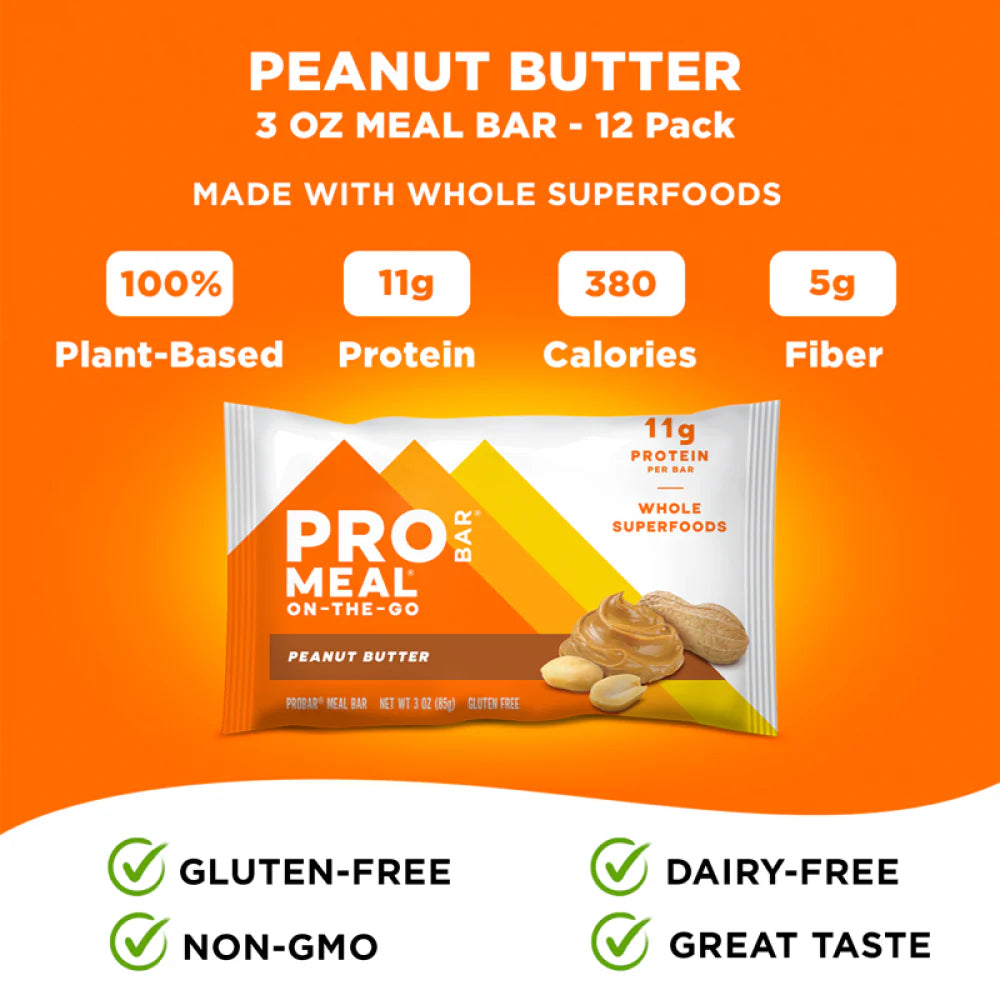 Pro Bar Meal on-the-go peanut butter bar packaging with nutritional information on an orange background