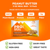 Pro Bar Meal on-the-go peanut butter bar packaging with nutritional information on an orange background