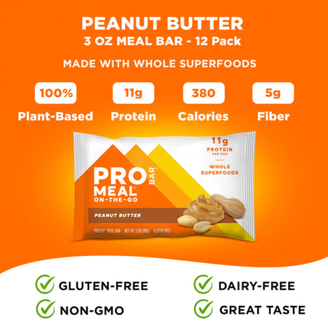 Pro Bar Meal on-the-go peanut butter bar packaging with nutritional information on an orange background