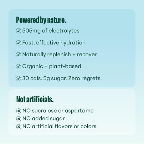 Product description card with health benefits and claims on a light blue background