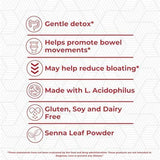 Product label with text about gentle detox benefits and ingredients on a white background.