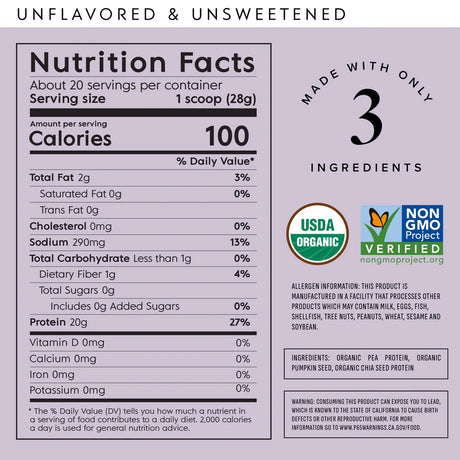 Truvani - Proteína vegetal orgánica en polvo, 500 g - Fuente de proteína sin sabor