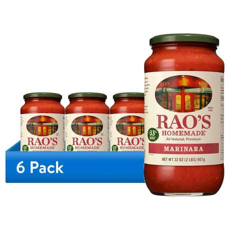 Rao's Homemade Marinara sauce with 6-pack packaging on a white background