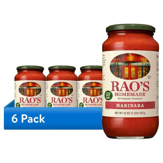 Rao's Homemade Marinara sauce with 6-pack packaging on a white background