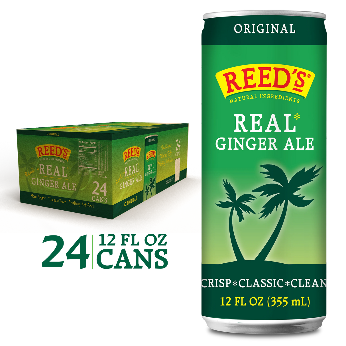 Reed's Real Ginger Ale can and box on a white background