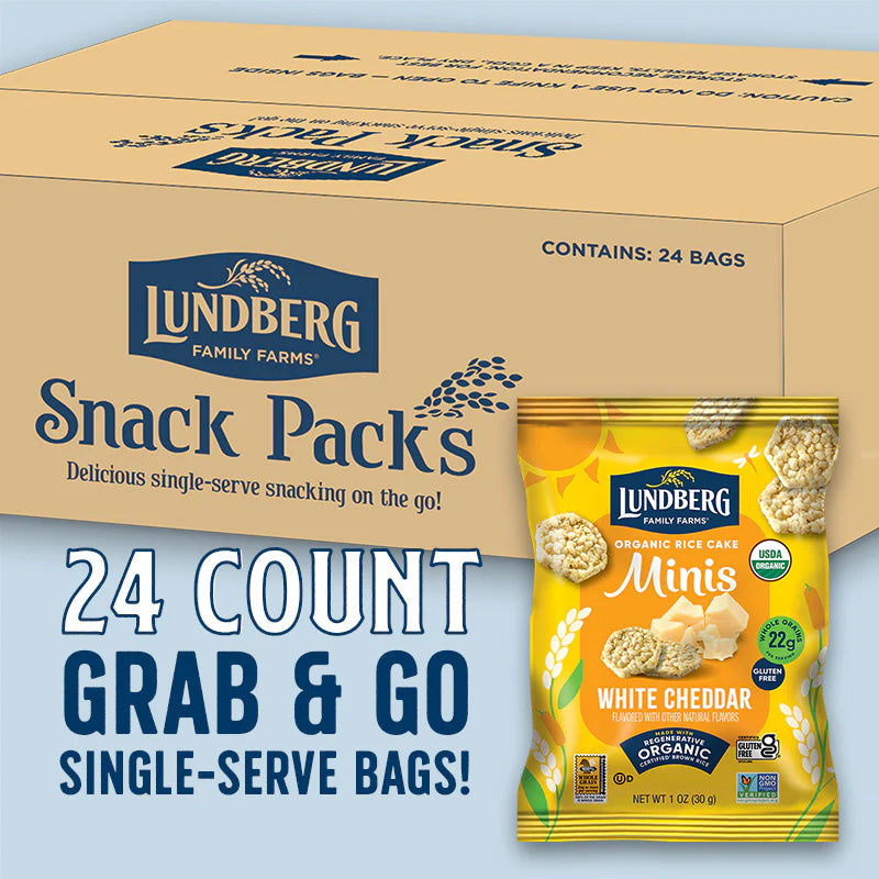 Lundberg Family Farms snack packs with a box and a single serve bag on a light blue background