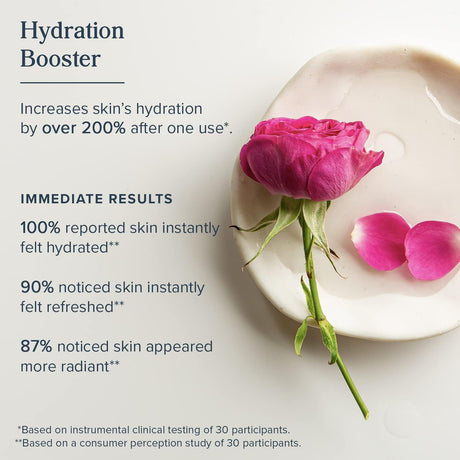 Rose on a white plate with hydration booster text and statistics