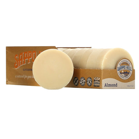 Twelve almond soaps in a cardboard packaging with Sappo Hill branding on a white background.