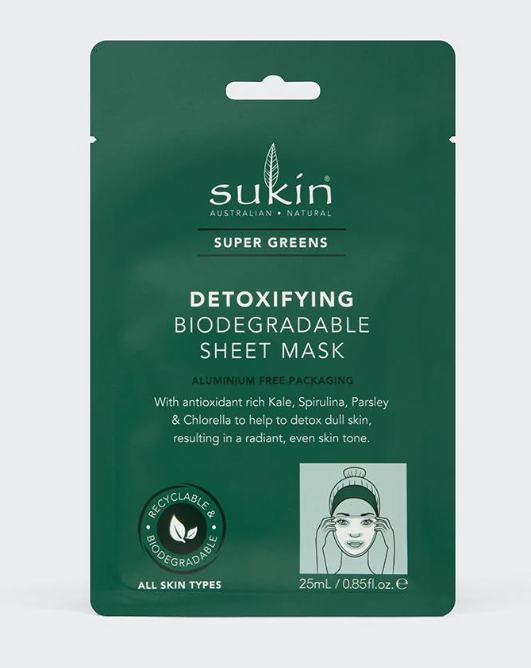 Sukin Biodegradable Sheet Mask Detox Super Green (Pack of 6 - 0.85 Fl Oz) - Cozy Farm 