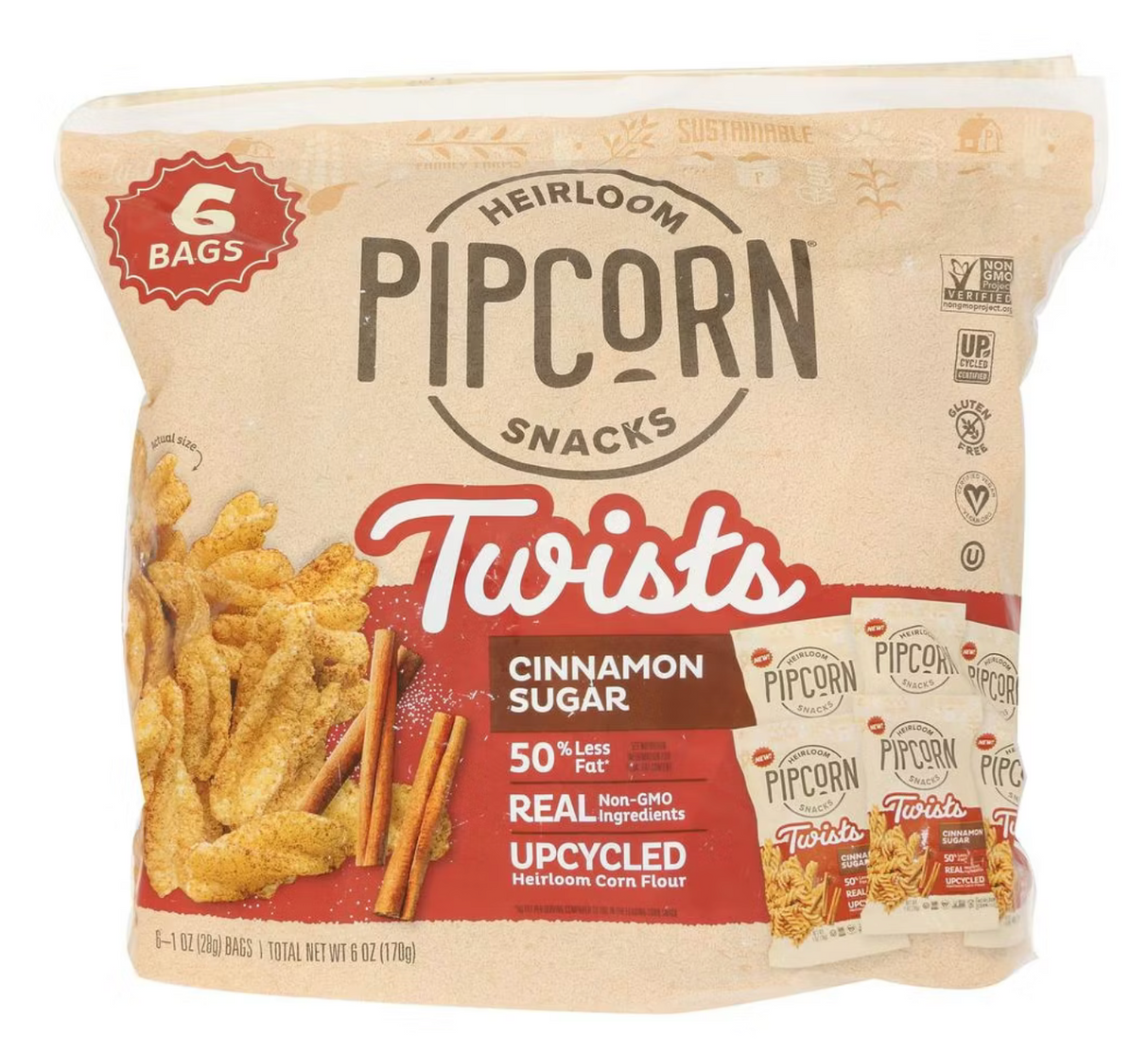 Pipcorn - Twists Cinnamon Sugar, 01 oz (Pack of 6) - Sweet Crispy Snack