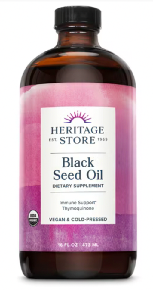 Bottle of Heritage Store Black Seed Oil on a white background