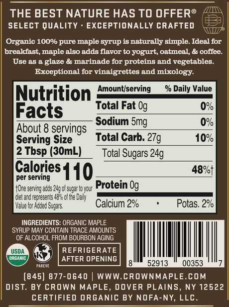 Crown Maple Syrup, Bourbon Barrel Aged, Organic, Case of 8, 8.5 Fl. Oz. Bottles