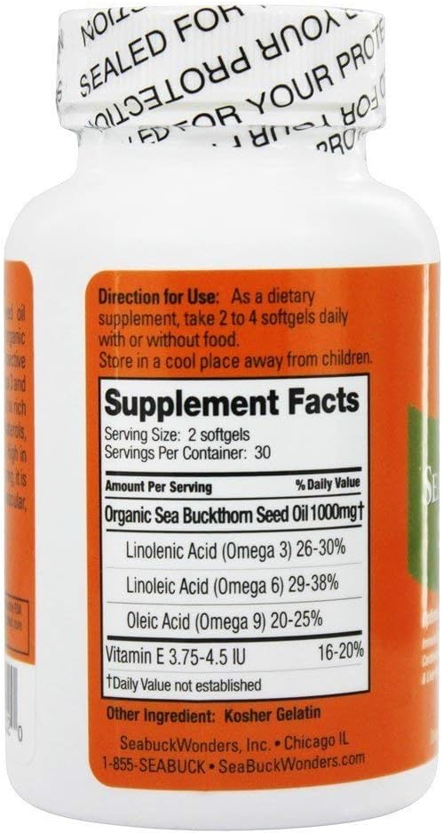 Seabuck Wonders Sea Buckthorn Seed Oil bottle with label showing 'Supplement Facts' and directions for use.