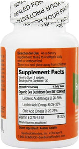 Seabuck Wonders Sea Buckthorn Seed Oil bottle with label showing 'Supplement Facts' and directions for use.