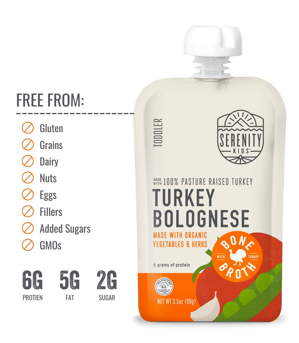 Serenity Kids Turkey Bolognese baby food pouch with nutritional information on a white background