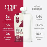 Serenity Kids beef pouch with nutritional information on a red and white background