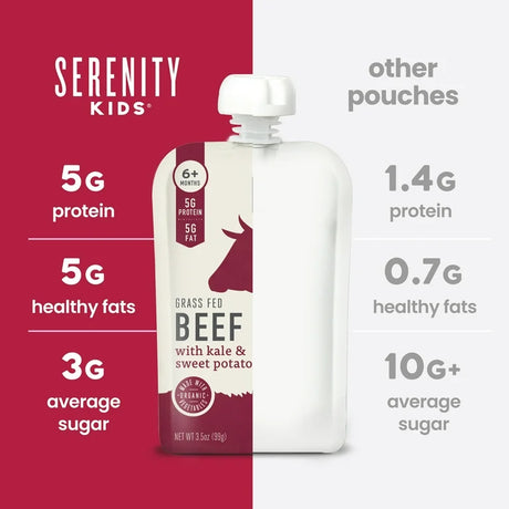 Serenity Kids beef pouch with nutritional information on a red and white background